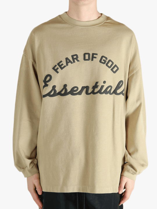 Tan t-shirt worn by a person, showing the t-shirt's fit