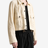 Tan jacket worn by a person, showing the tan jacket's fit