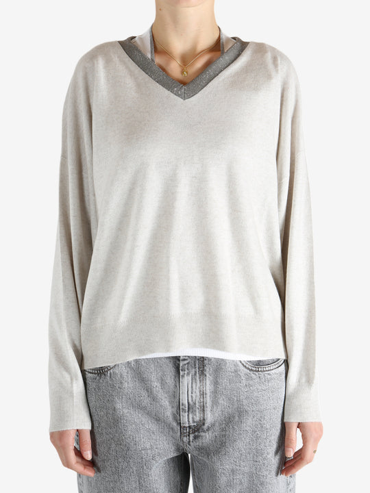 White knitwear worn by a person, showing the knitwear fit