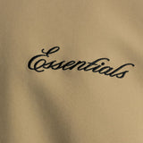 Close up of tan jacket, showing texture of the cotton fabric