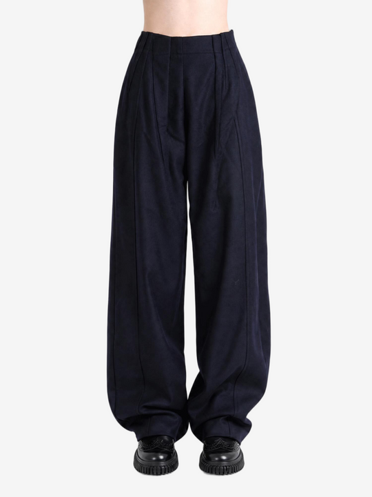 Navy pants, full body view