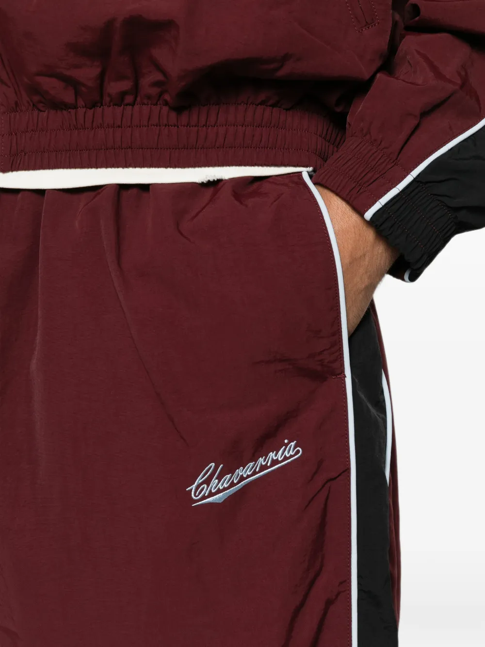 Burgundy pants worn by a person, showing the pants fit