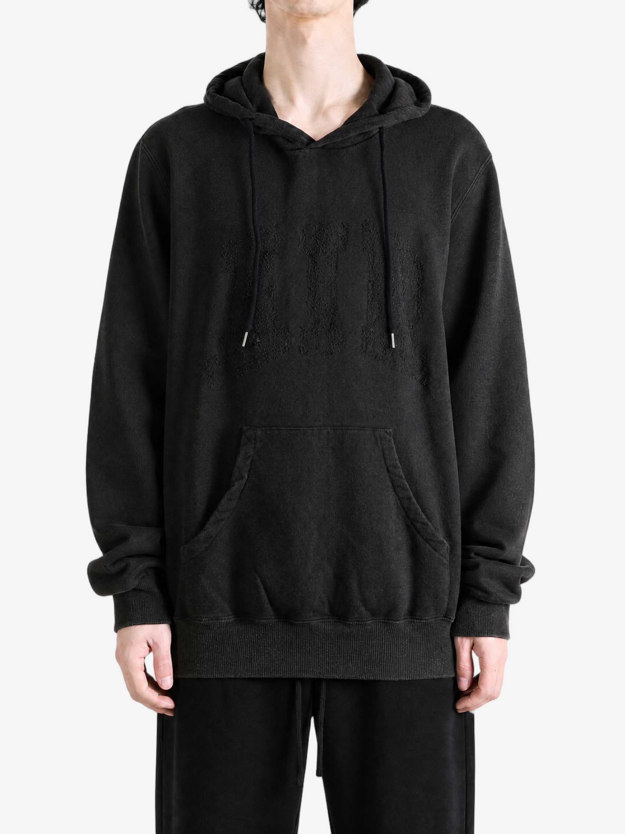 Black hoodie, full body view