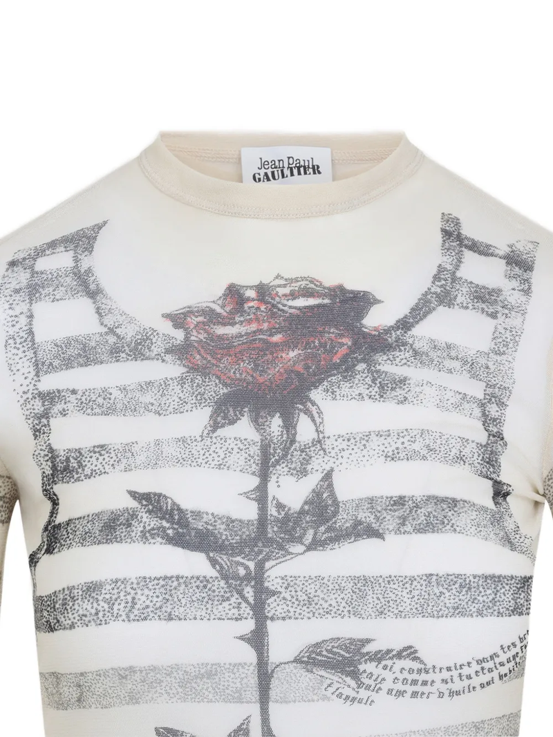 JEAN PAUL GAULTIER - Women Printed"Tattoo Marinière"Rinière" Mesh Long Sleeves Top