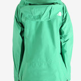 Green jackets-coats worn by a person, showing the recycled polyester fit