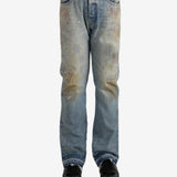 Blue jeans worn by a person, showing the jeans's fit