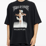 Black t-shirt worn by a person, showing the t-shirt fit