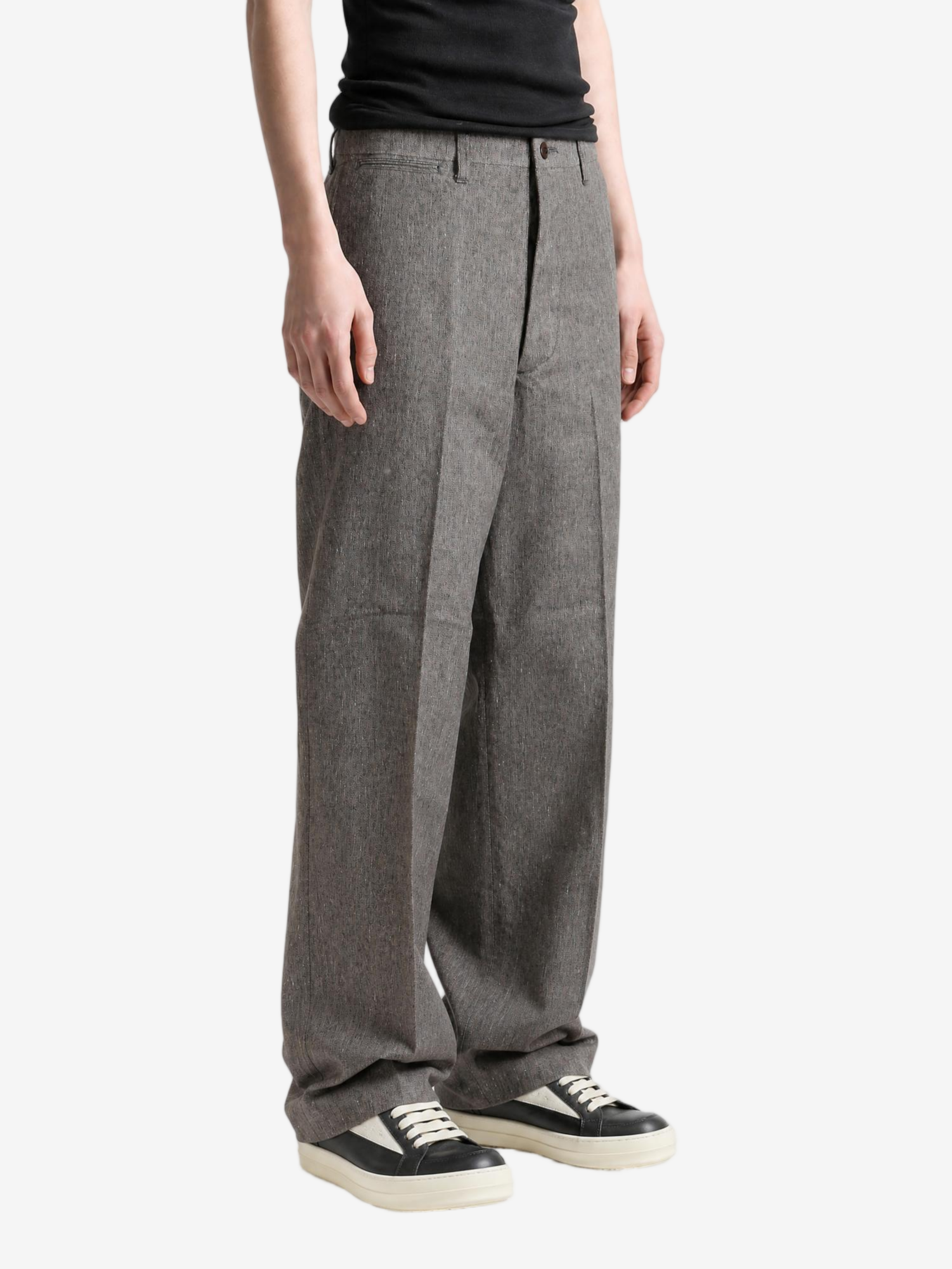 Grey pants, full body view
