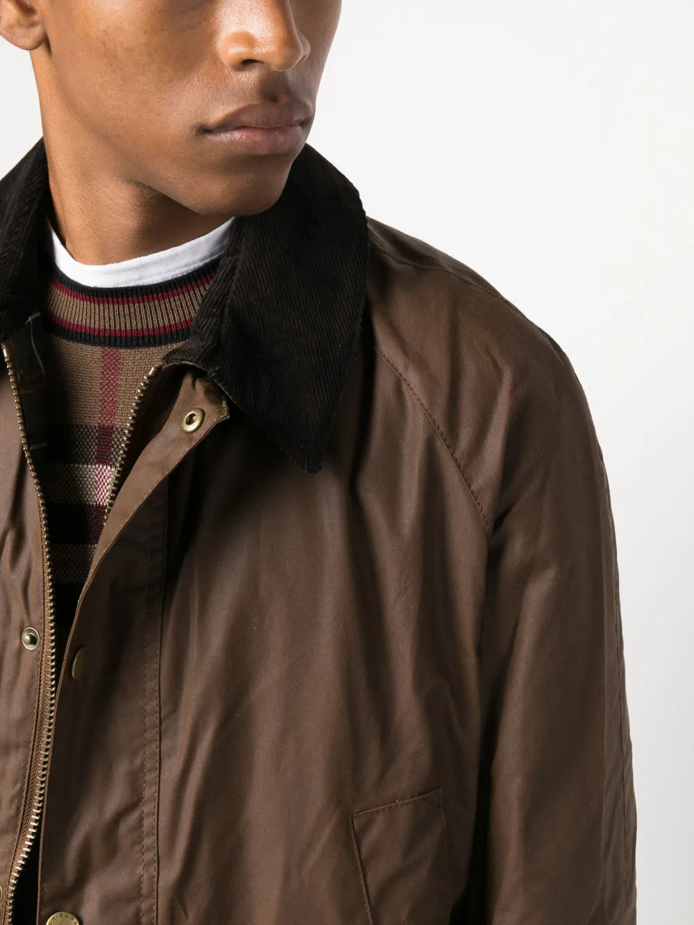 Brown jacket worn by a person, showing the jacket fit