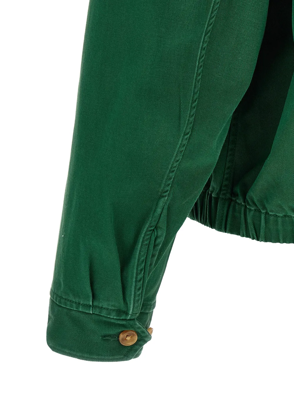 Close up of Green windbreaker, showing texture of the botton fabric