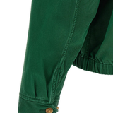 Close up of Green windbreaker, showing texture of the botton fabric