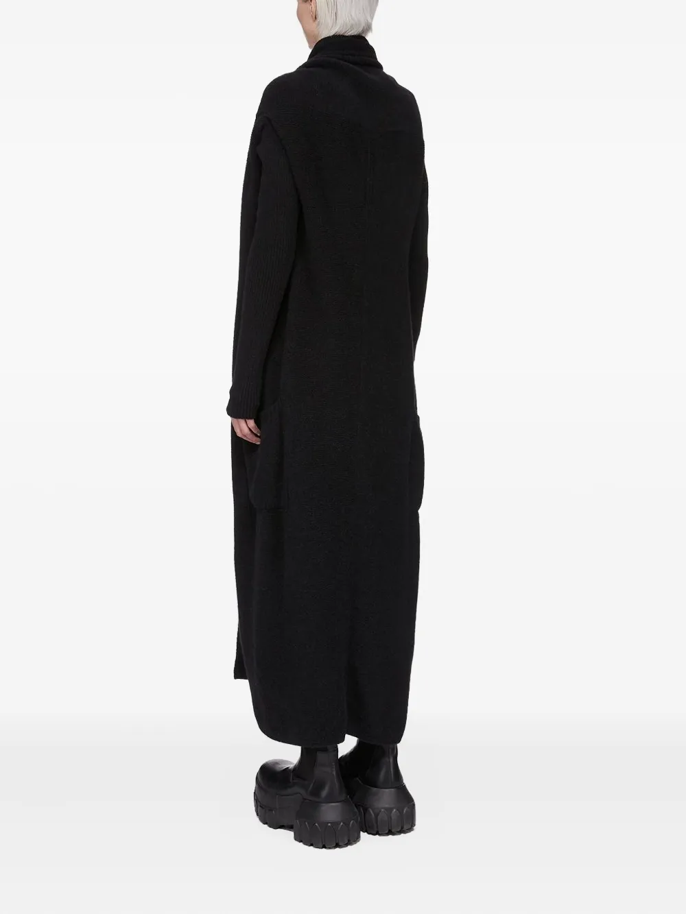 Black knitted cardigan, full body view