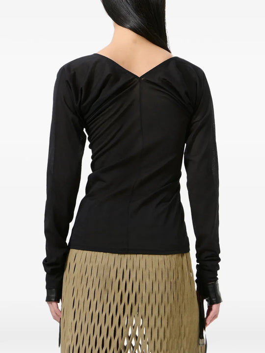 Black top worn by a person, showing the top fit