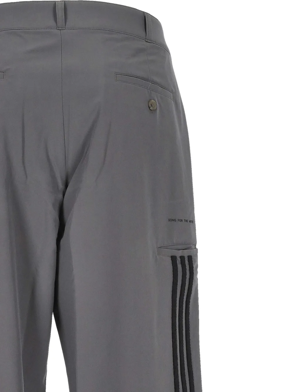 Close up of the grey pants, showing texture of the recycled polyester
