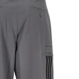 Close up of the grey pants, showing texture of the recycled polyester