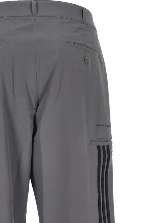 Close up of the grey pants, showing texture of the recycled polyester