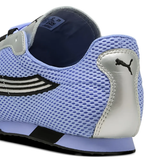 close up of blue sneakers, showing texture of the polyester fabric