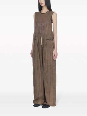 Brown overalls, full body view