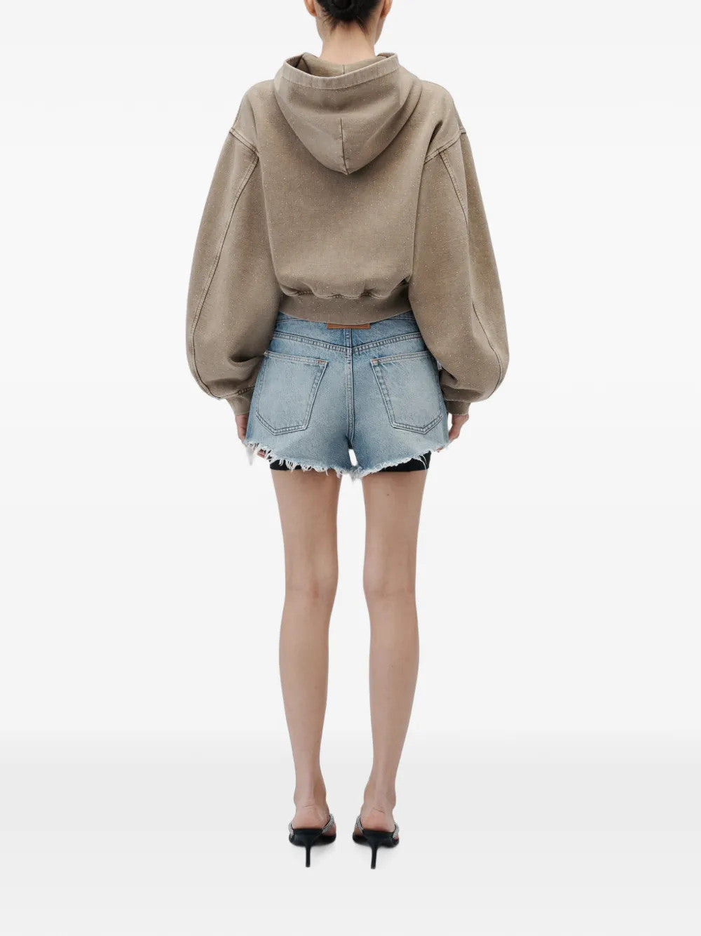 Tan hoodie, full body view