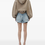 Tan hoodie, full body view