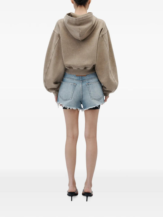 Tan hoodie, full body view
