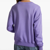 Purple sweatshirt worn by a person, showing the sweatshirt's fit