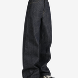 Navy pants, full body view