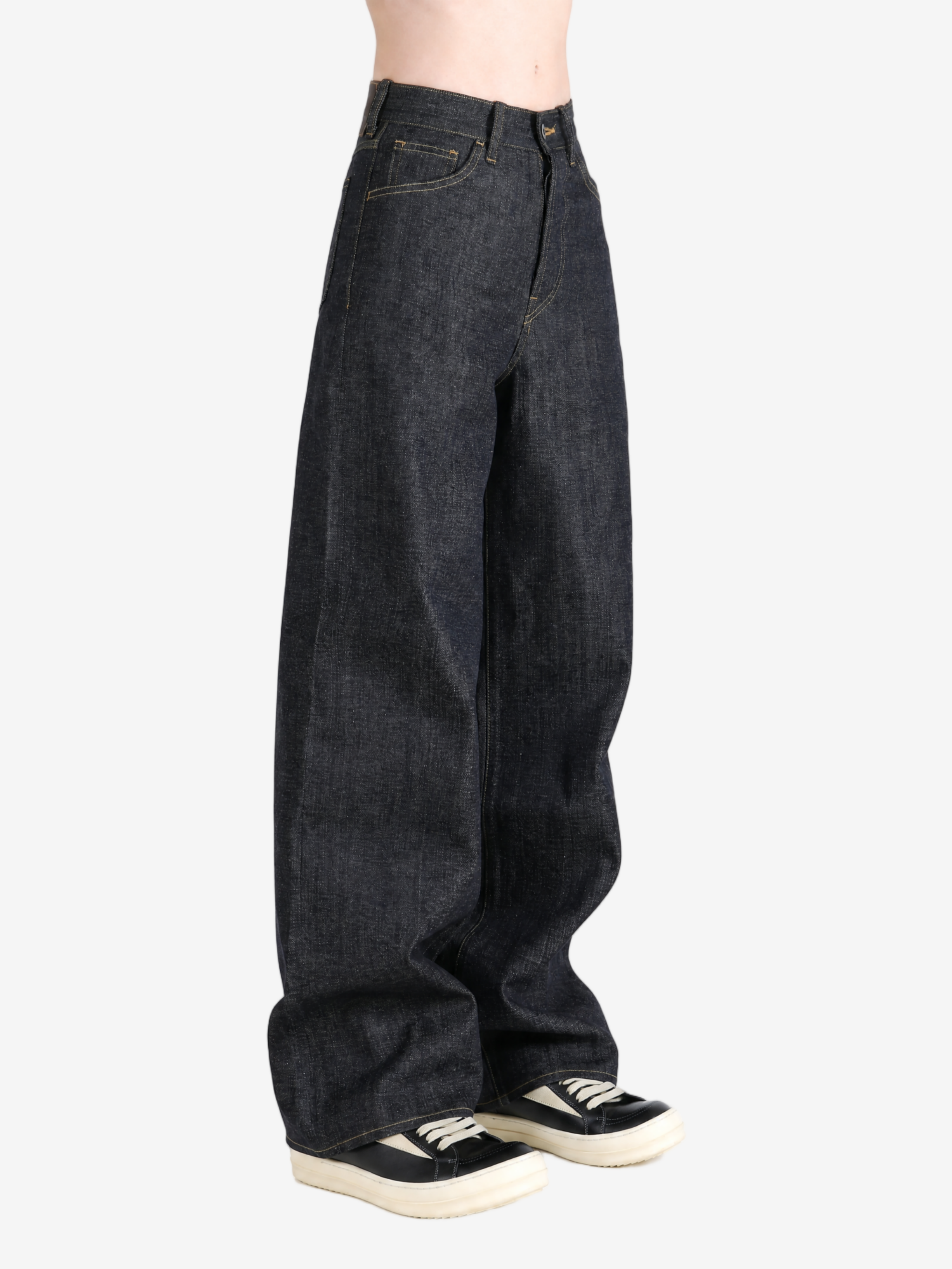 Navy pants, full body view