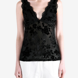 Black top worn by a person, showing the top fit