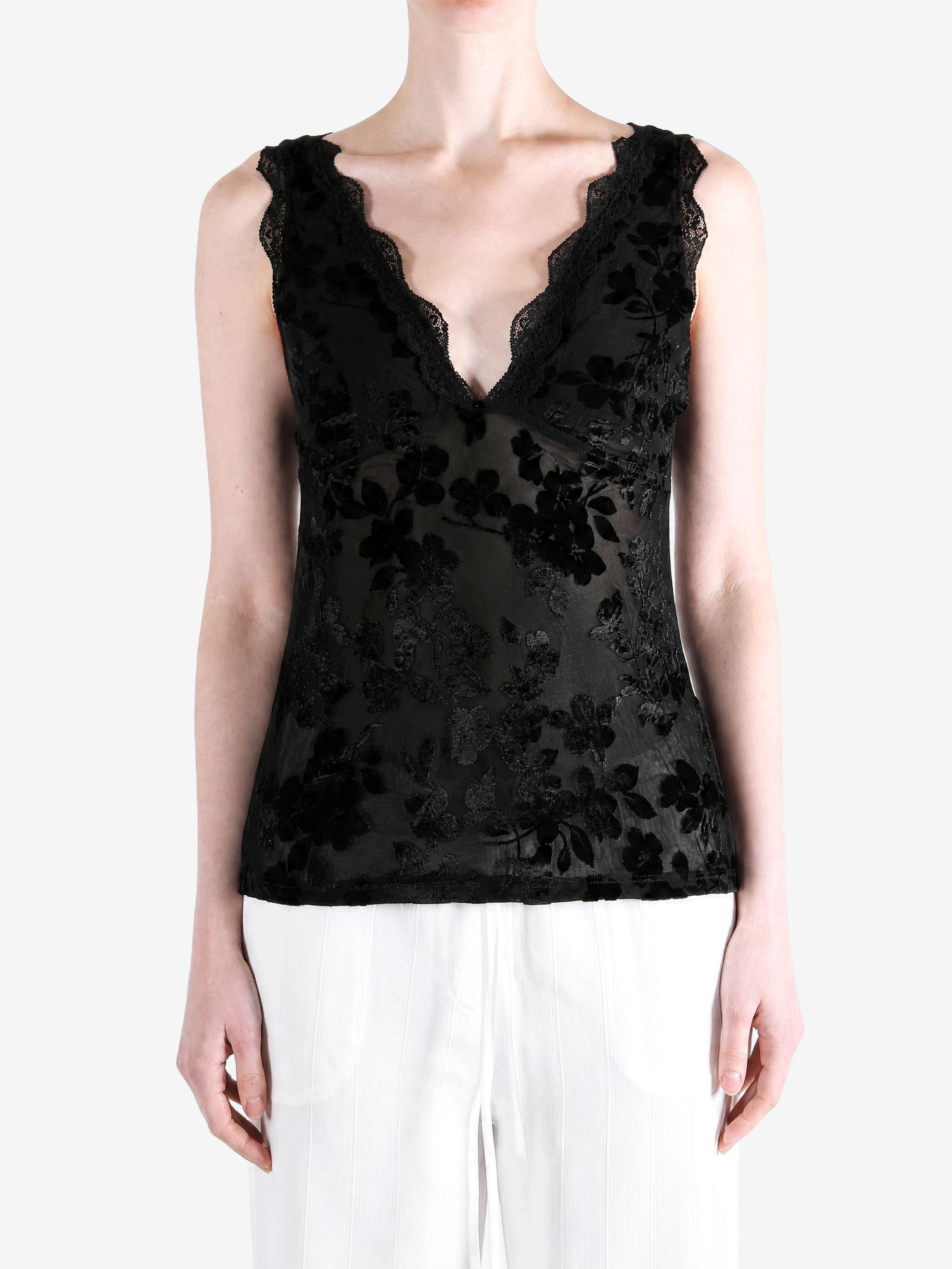 Black top worn by a person, showing the top fit
