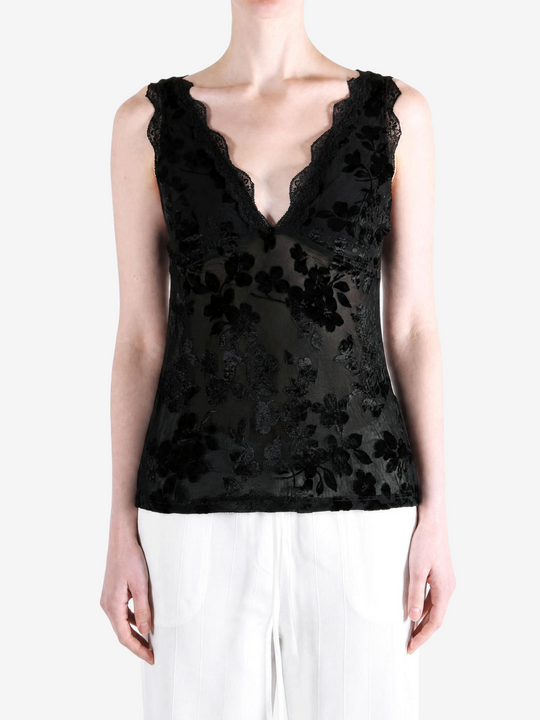 Black top worn by a person, showing the top fit