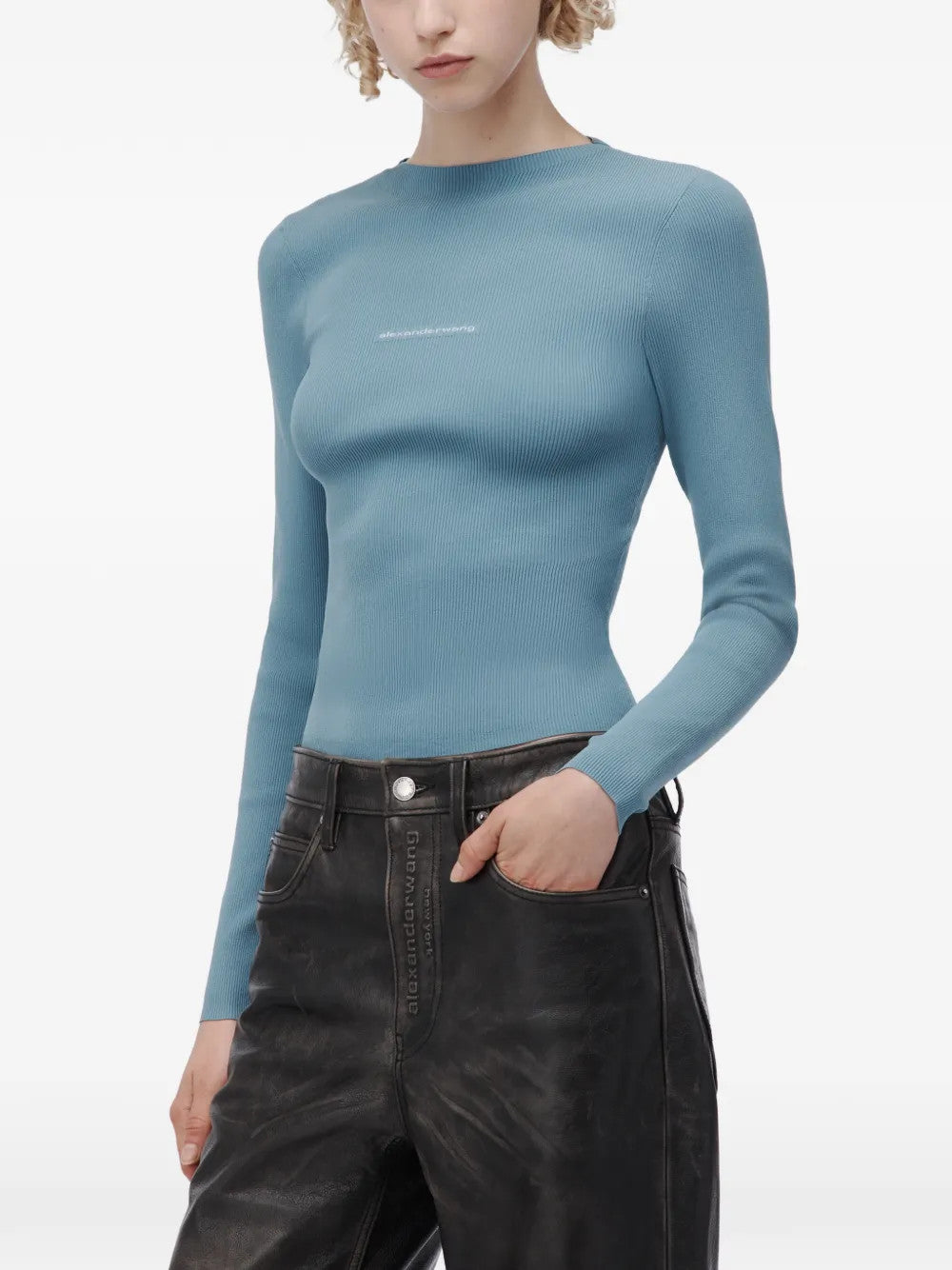 Blue top, full body view