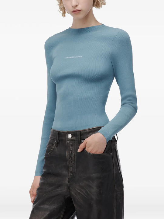 Blue top, full body view