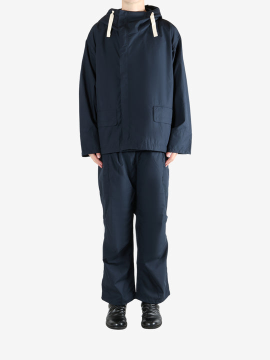 Navy jacket, full body view