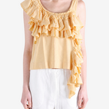 Yellow top worn by a person, showing the top fit