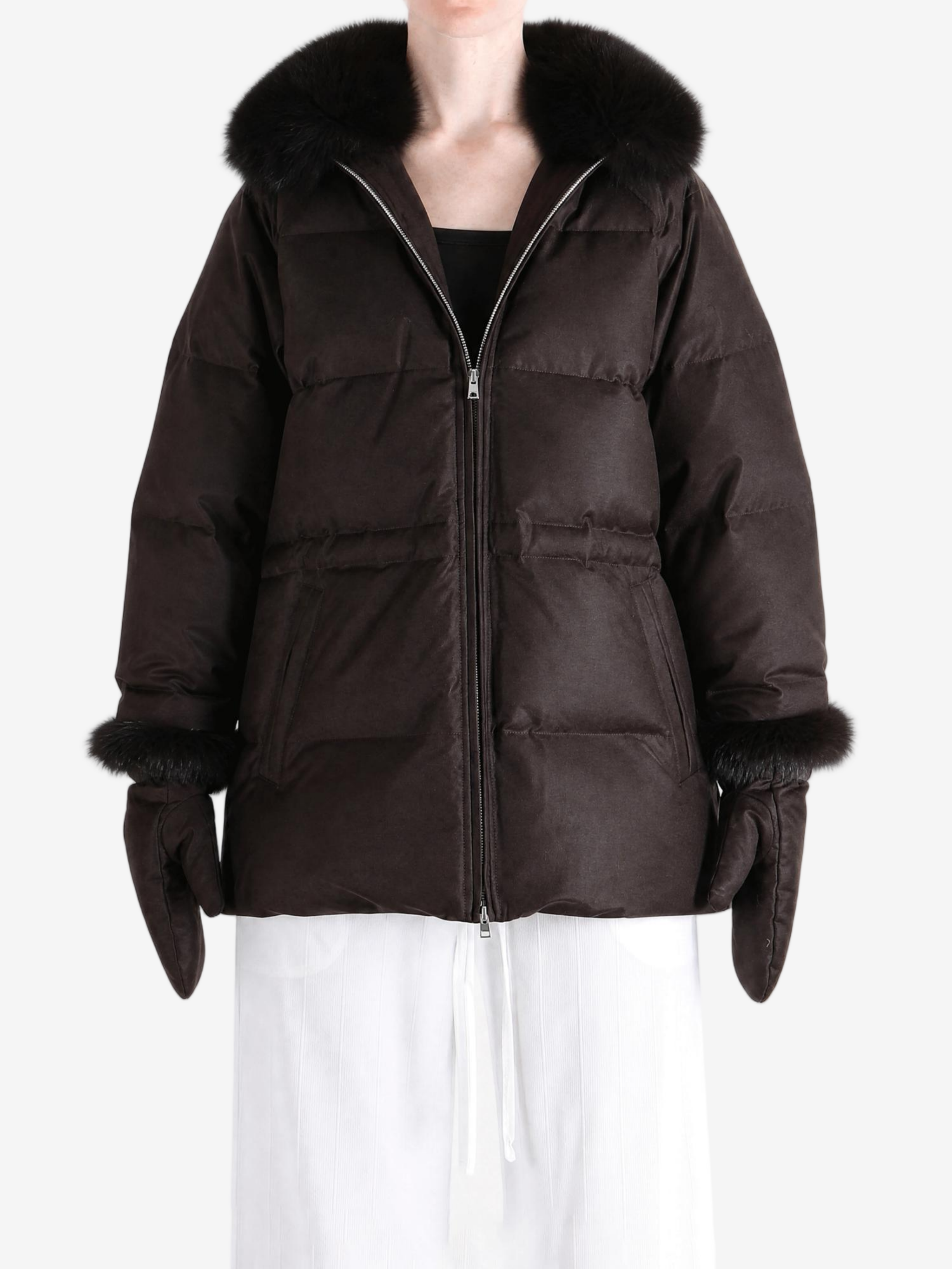 Brown jacket worn by a person, showing the jacket fit