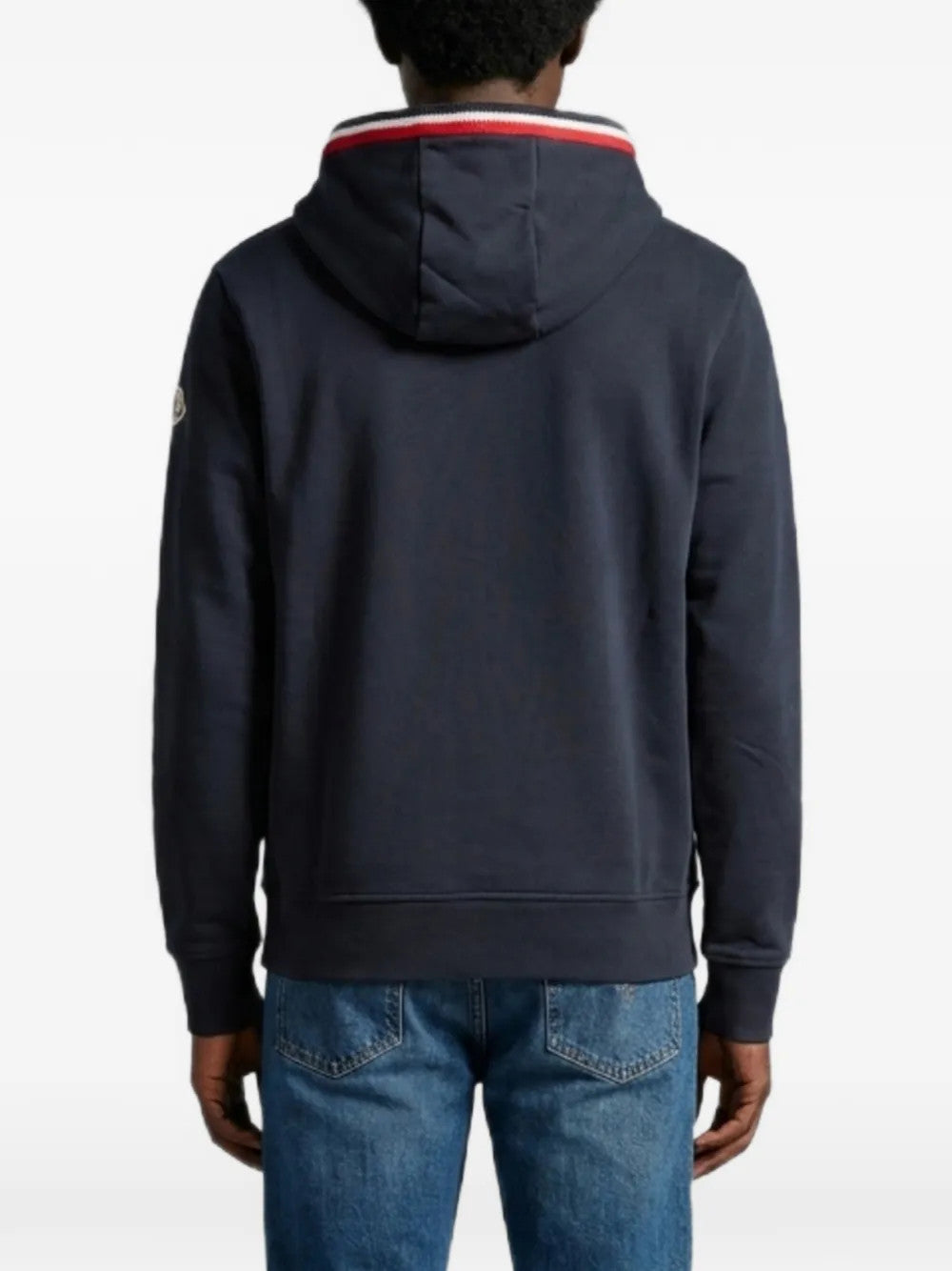 Navy hoodie, full body view