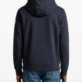Navy hoodie, full body view