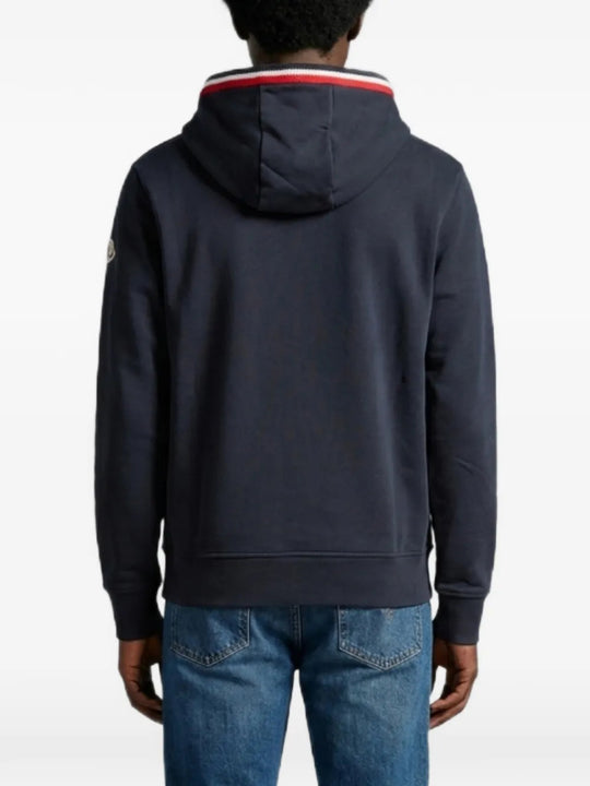 Navy hoodie, full body view