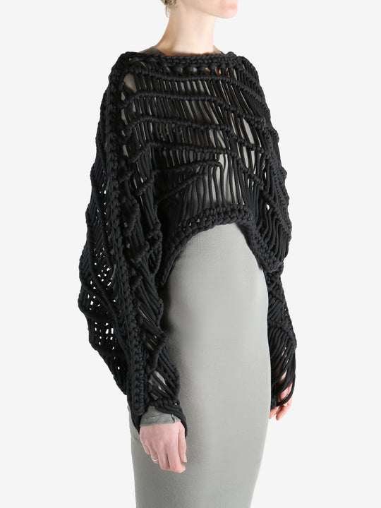 Black knitwear worn by a person, showing the knitwear fit