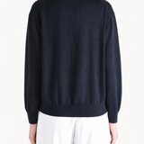 Navy shirt, full body view