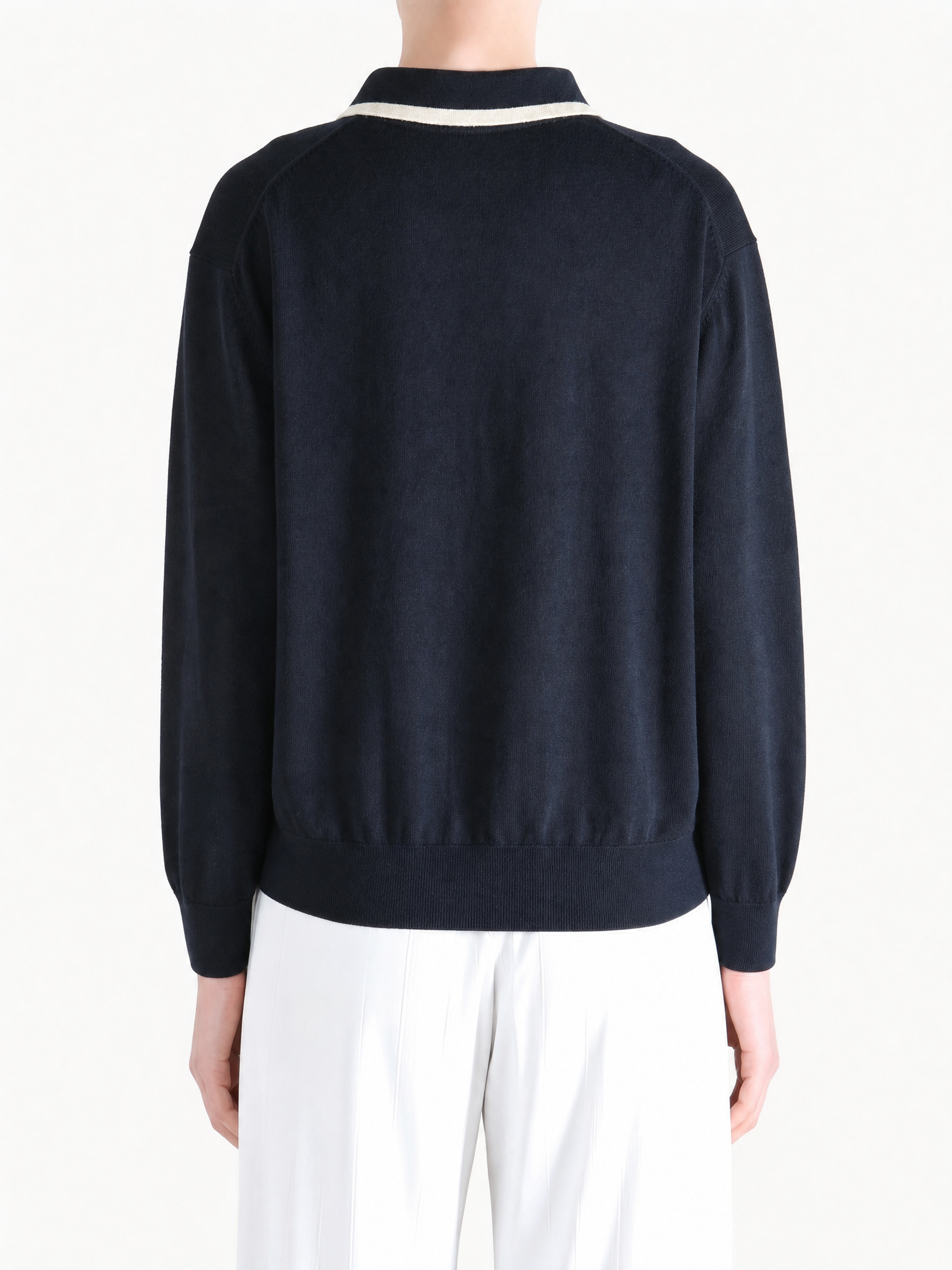 Navy shirt, full body view
