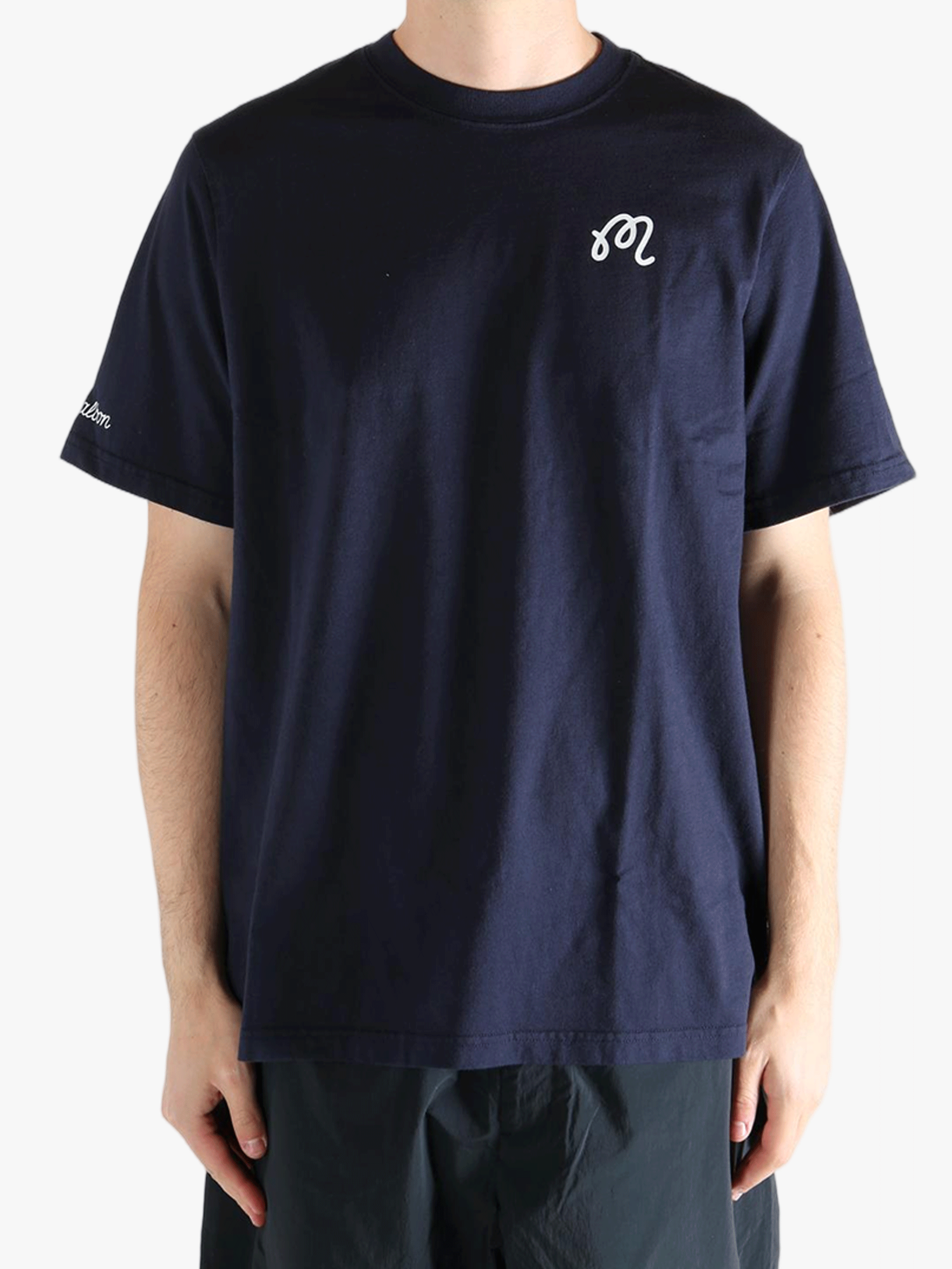 Navy t-shirt worn by a person, showing the t-shirt fit