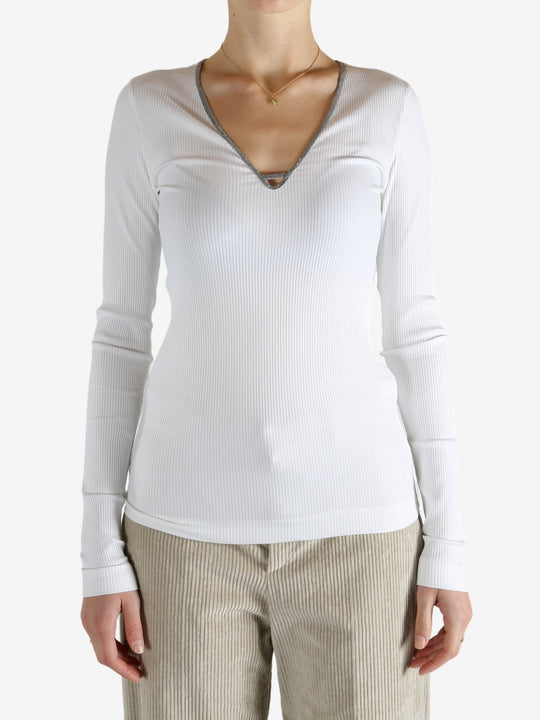 White tops worn by a person, showing the tops fit