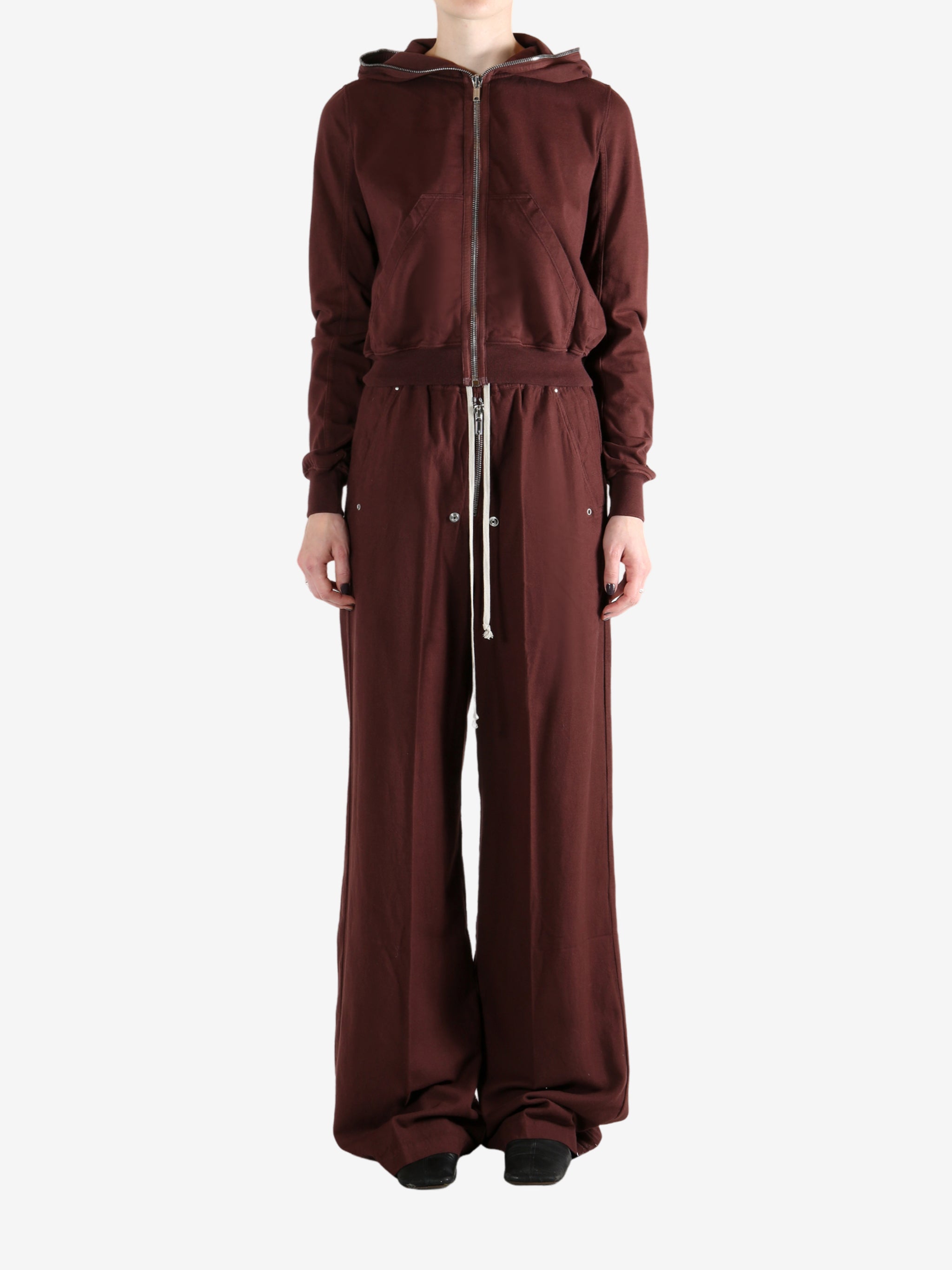 Burgundy hoodies, full body view