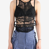 Black top worn by a person, showing the top's fit