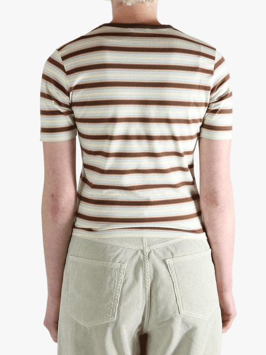 Brown t-shirt worn by a person, showing the t-shirt's fit