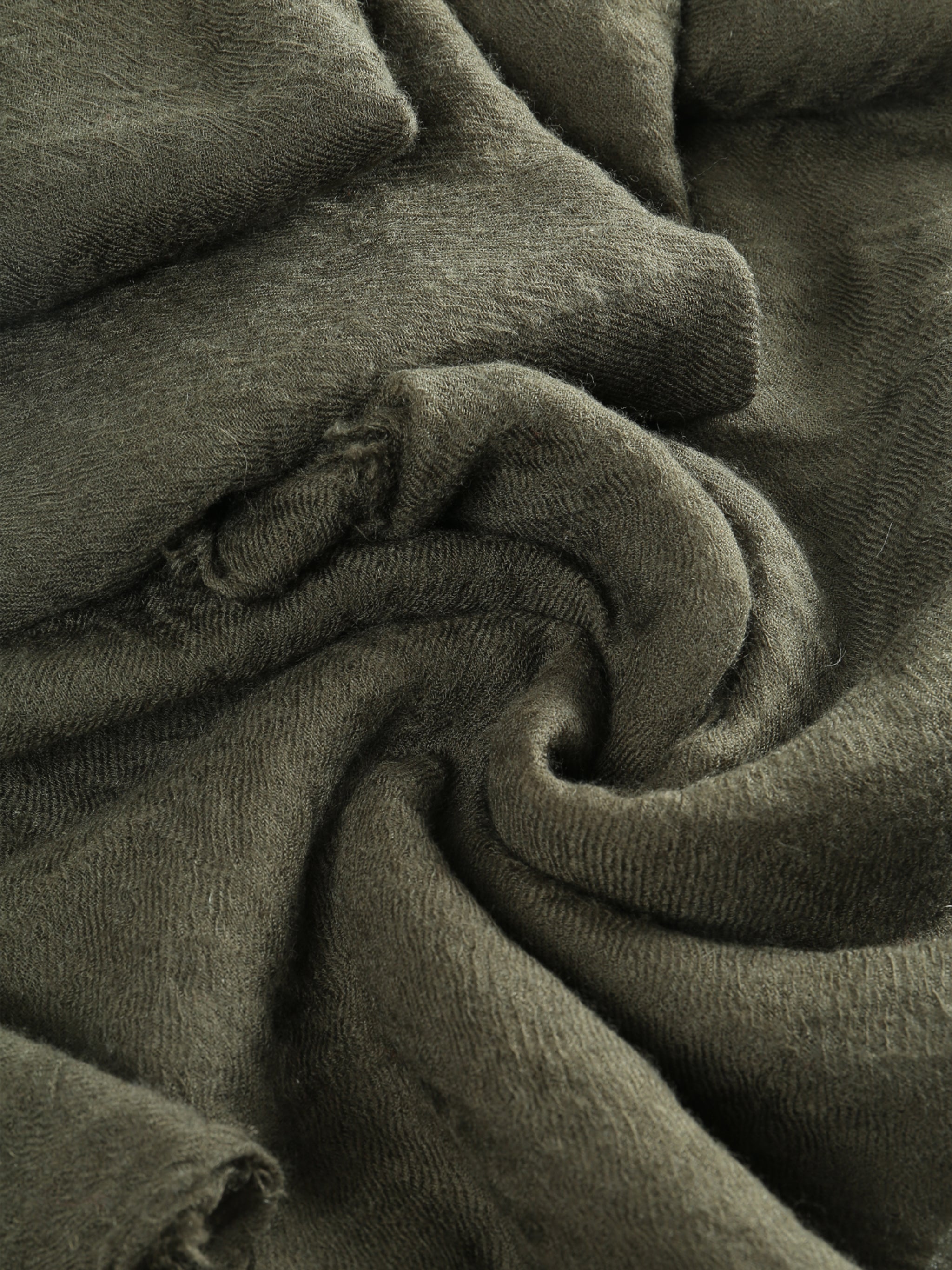 Close up of green scarf, showing texture of the cashmere fabric