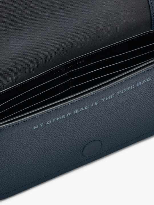 Close up of the navy bag, showing texture of the leather fabric
