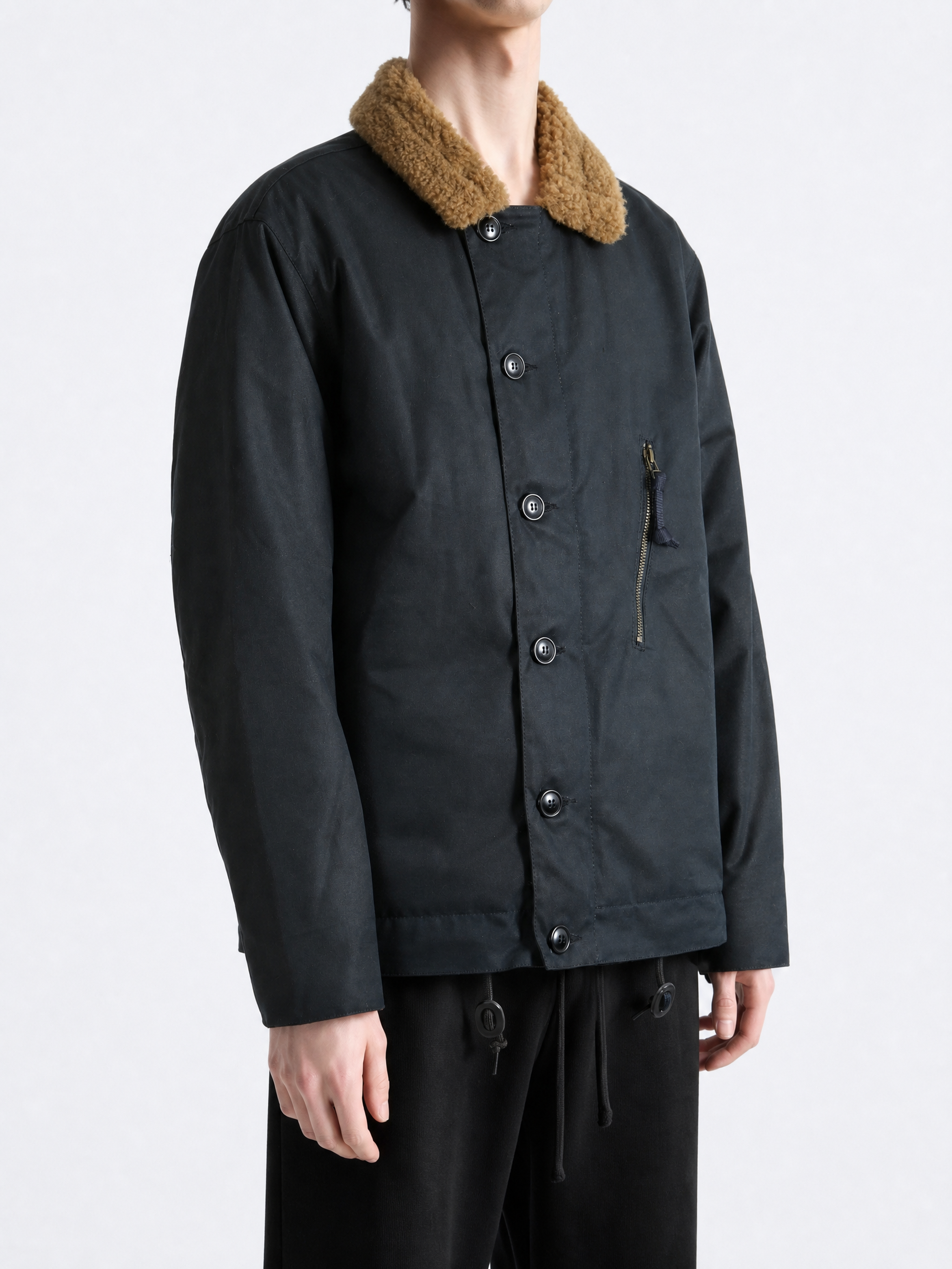 Black jacket worn by a person, showing the jacket fit